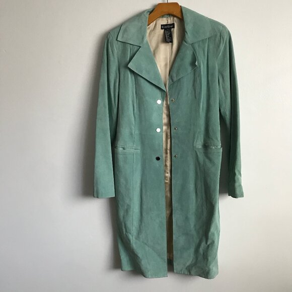 bebe Jackets & Blazers - Vtg Bebe Mint Green Suede Jacket Snap Button Longline Y2K
